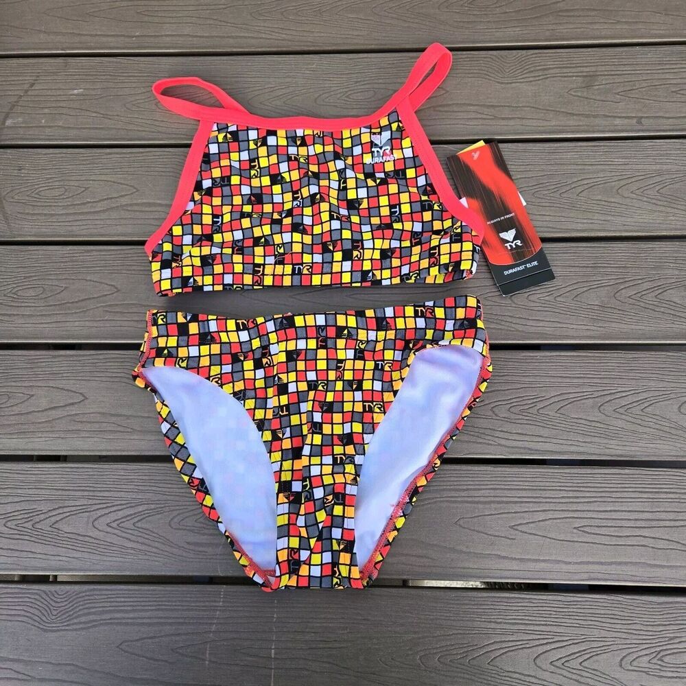 TYR Womens Durafast Orange/Red Team Check Diamondfit Workout Bikini Size XL NEW